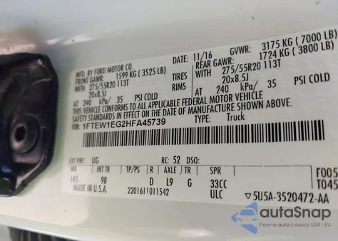 2017 Ford F-150 Platinum z USA, uszkodzony, nr VIN 1FTEW1EG2HFA45739